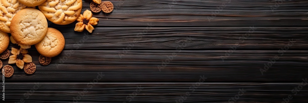 Closeup of delicious homemade desserts. Top view seasonal biscuits and cookies on background of wooden table Closeup of delicious homemade desserts. Top view seasonal biscuits and cookies on background of wooden table