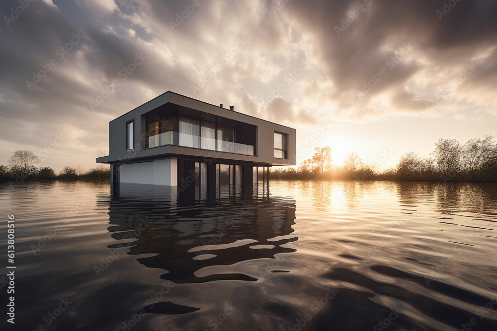 Flooded house due to climate change and CO2 emissions..Image ai generate. Generative AI Flooded house due to climate change and CO2 emissions..Image ai generate. Generative AI