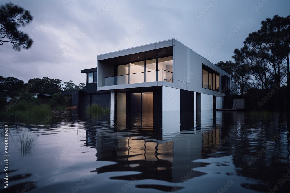 Fototapeta premium Flooded house due to climate change and CO2 emissions..Image ai generate. Generative AI