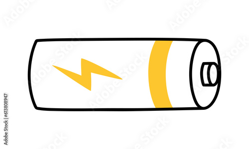 Hand drawn cute line illustration battery with lightning sign. Flat vector charged accumulator symbol in outline doodle style. Source of power, electricity sticker, icon. Isolated on white background.