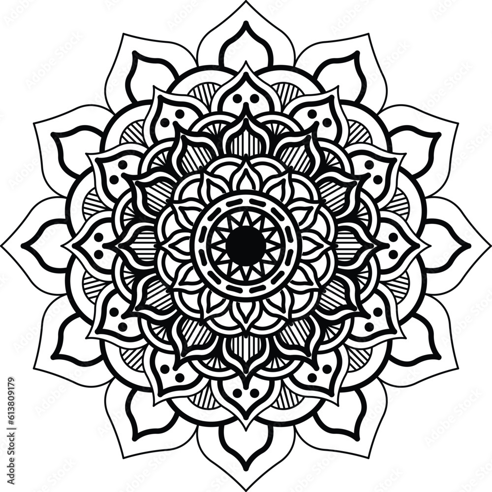 Mandala simple and basic for beginners, seniors and children. Mehndi flower pattern for Henna drawing and tattoo. Decoration in ethnic oriental, Indian style.
