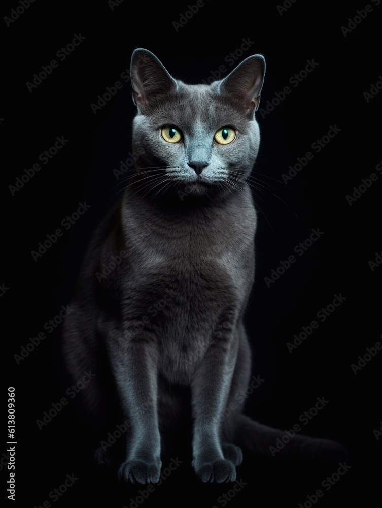 Russian blue cat isolated on a black background, studio shot. Generative AI 