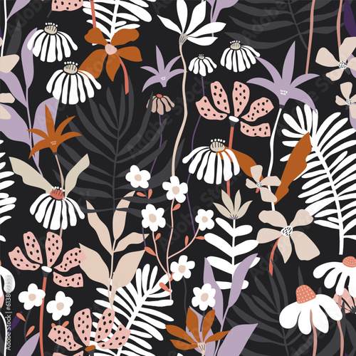 Seamless floral high detailed pattern. Botanical trendy texture for fabric, textile, apparel. Vector background © solodkayamari