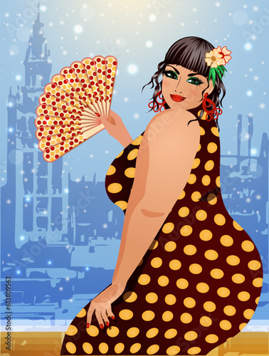 Flamenco dance Spanish xxl woman with a fan , vector illustration