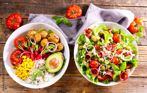 different sort of vegetable salad- vegetarian salad and salad with salami