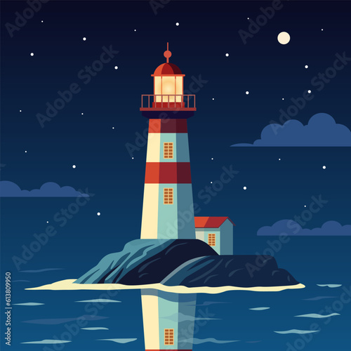 Vector illustration of Lighthouse in night sea. Night landscape. Vector flat illsutration