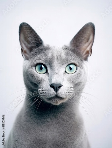 Close-up portrait of Russian blue cat on white background. Generative AI 