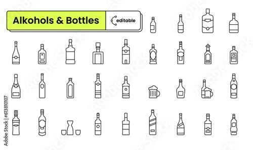 Set of editable icons: alkohols & bottles (wine, beer, sake, champagne, whisky, decanter, liqueur, tequila, vodka, beer mug, gin, rum, brandy)