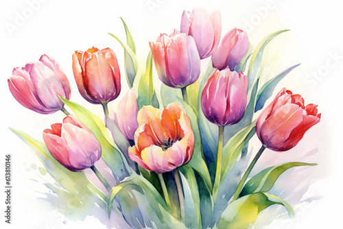 Watercolor painting of tulips on a white background  created with Generative AI technology © Oksana