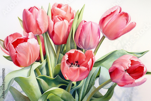 Watercolor painting of tulips on a white background created with Generative AI technology