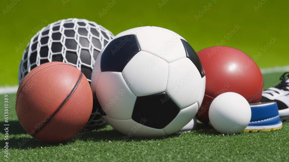Various Sport Equipments On Grass. Generative AI Various Sport Equipments On Grass. Generative AI
