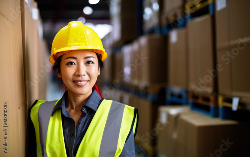 Female worker in a warehouse, Young Asian woman in high visibility vest, blurred shelves stacks background. Generative AI