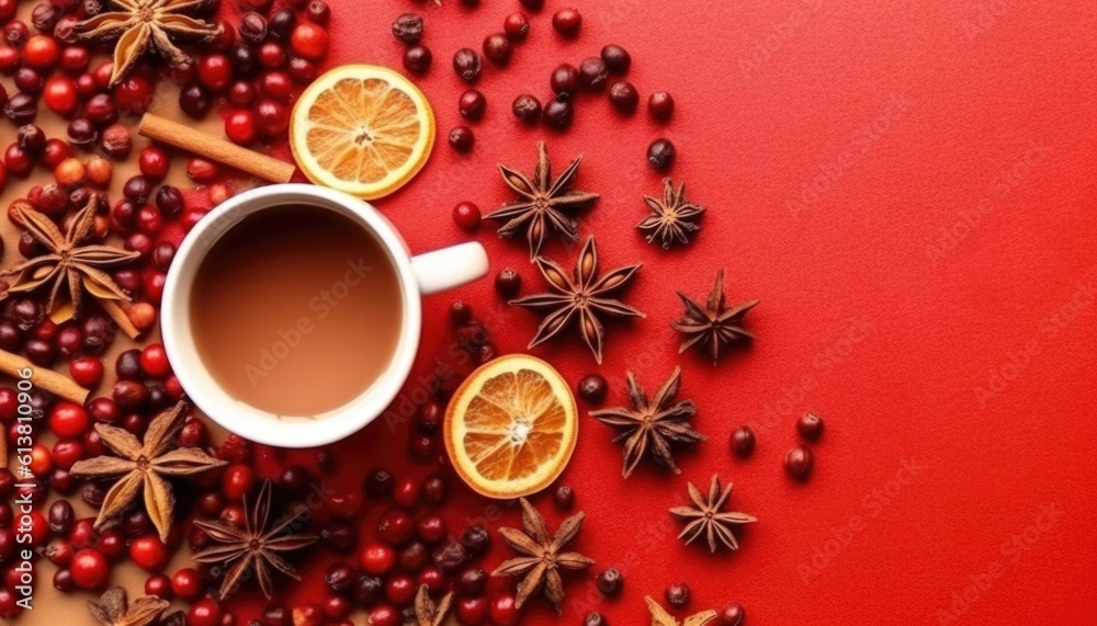 Winter christmas flat lay with christmas decorations, baubles, hot chocolate star anise brown and red background Winter christmas flat lay with christmas decorations, baubles, hot chocolate star anise brown and red background