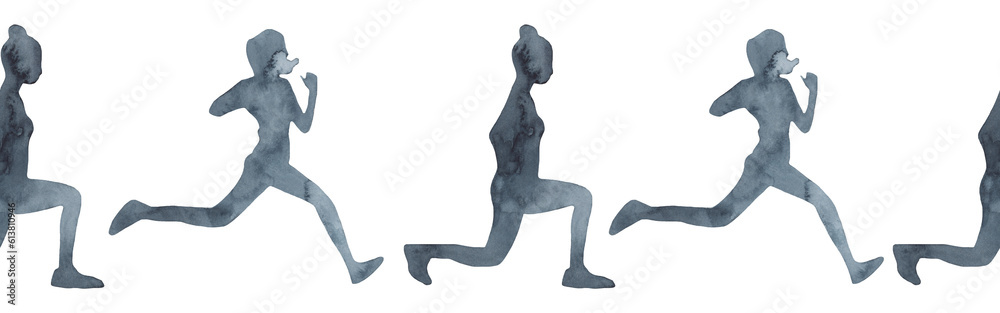 Sports at sunrise border.Running.Gymnastics.Morning gym.Watercolor silhouette sport isolated on white background. Sports at sunrise border.Running.Gymnastics.Morning gym.Watercolor silhouette sport isolated on white background.