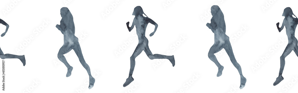 Sports at sunrise border.Running.Gymnastics.Morning gym.Watercolor silhouette sport isolated on white background. Sports at sunrise border.Running.Gymnastics.Morning gym.Watercolor silhouette sport isolated on white background.