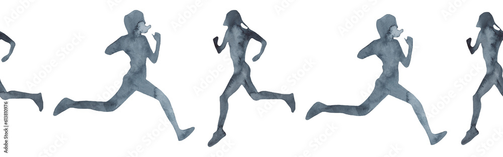 Sports at sunrise border.Running.Gymnastics.Morning gym.Watercolor silhouette sport isolated on white background. Sports at sunrise border.Running.Gymnastics.Morning gym.Watercolor silhouette sport isolated on white background.