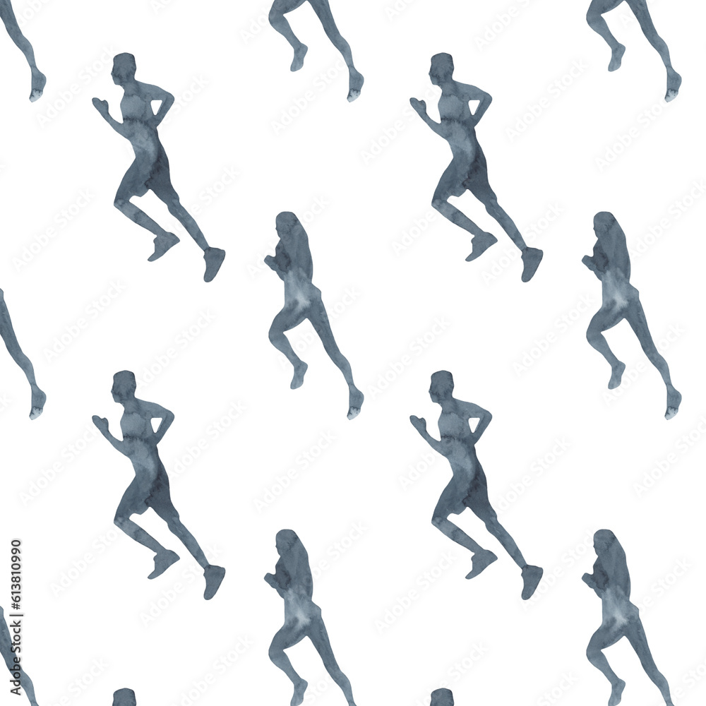 Sports at sunrise pattern.Running.Gymnastics.Morning gym.Watercolor silhouette sport isolated on white background.