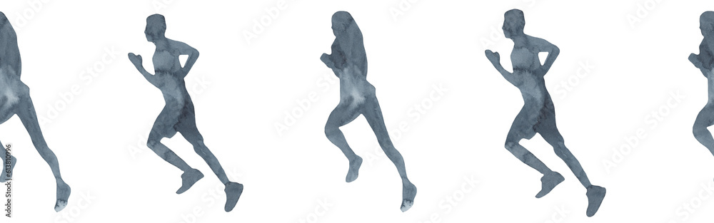 Sports at sunrise border.Running.Gymnastics.Morning gym.Watercolor silhouette sport isolated on white background. Sports at sunrise border.Running.Gymnastics.Morning gym.Watercolor silhouette sport isolated on white background.