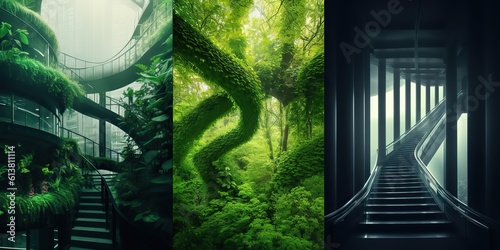 AI Generated. AI Generative. Future eco green ecology friendly plant tree city urban buildings town. Graphic Art