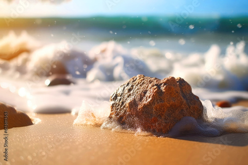 Closeup Of Rock On Sandy Beach Against Backdrop Of Unfocused Crashing Waves. Generative AI