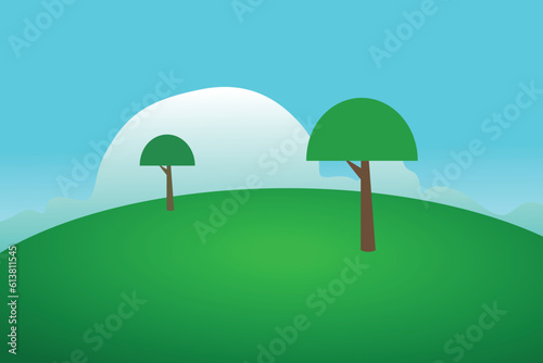 simple green landscape illustration with blue clouds background