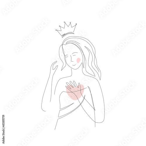 Happy woman in a towel after taking a bath with an imaginary crown. Self care and self love concept. Hand drawn continuous line style vector design illustration