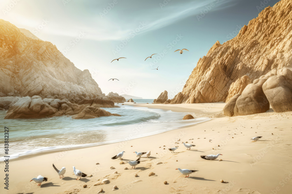 Seagulls Flying Overhead Against Backdrop Of Unfocused Coastal Cliffs. Generative AI