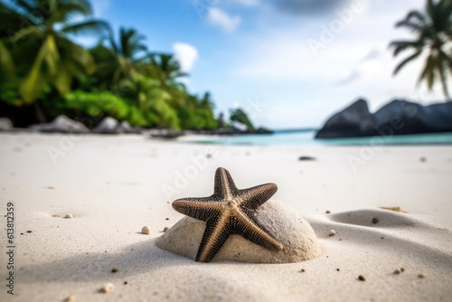 Stone On White Sand With Starfish Nearby Against Backdrop Of Unfocused Tropical Island Scenery. Generative AI