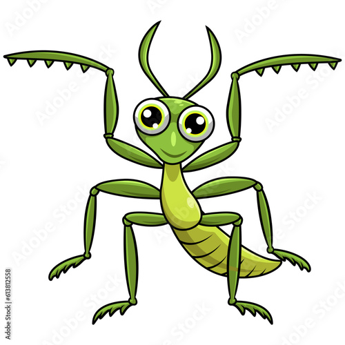 Green mantis cartoon posing on white background