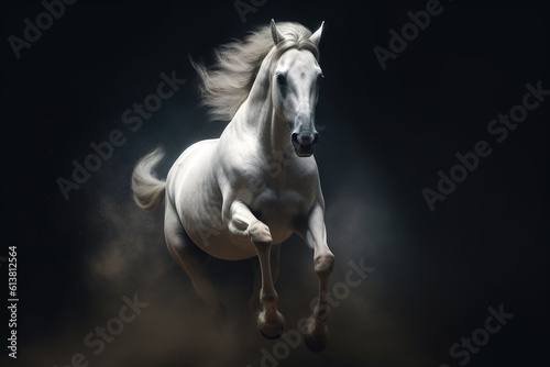 A graceful white horse galloping against a dark background, raising puffs of sandy dust. Atmospheric portrait of a white luxury horse with a fluttering mane. Generative Ai.