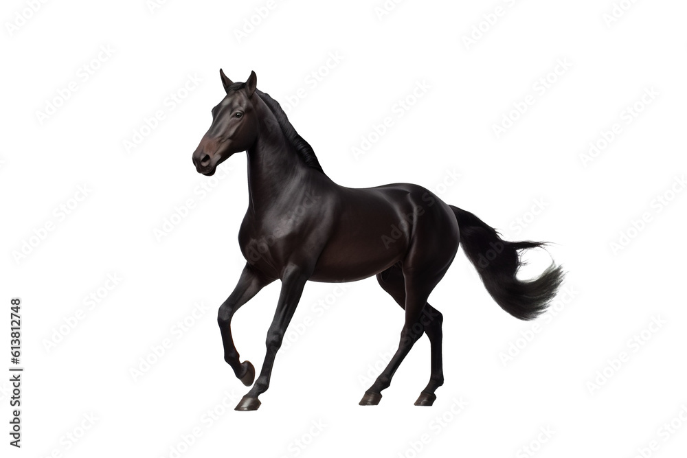 Dark brown horse. Galloping young dark horse on a transparent background. Png element. Generative Ai. Dark brown horse. Galloping young dark horse on a transparent background. Png element. Generative Ai.