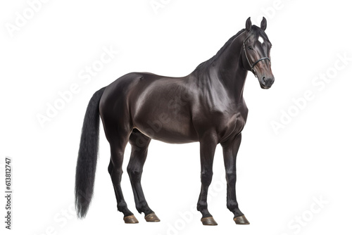 Dark brown horse with white spot on the forehead. Dark horse on a transparent background. Png element. Generative Ai. © Asmodar