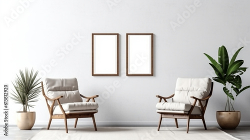 Blank picture frame mockup on gray wall. White living room design. generative AI 