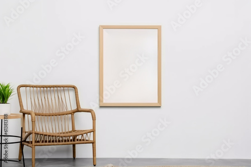 Blank picture frame mockup on gray wall. White living room design. generative AI 