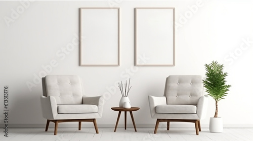 Blank picture frame mockup on gray wall. White living room design. generative AI 