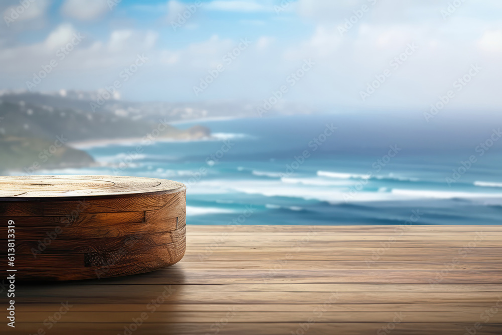 Wooden Podium Tabletop Blurs The Expansive Ocean And Coastal Scenery Backdrop. Empty Display Case For A Cosmetic Or Food Product. Generative AI Wooden Podium Tabletop Blurs The Expansive Ocean And Coastal Scenery Backdrop. Empty Display Case For A Cosmetic Or Food Product. Generative AI