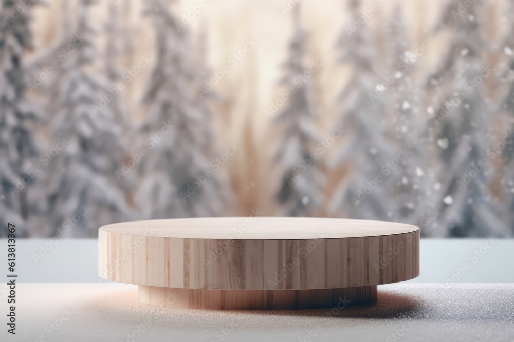 Wooden Podium Tabletop Blurs The Snowy Forest And Winter Landscape Backdrop, Mock Up For A Cosmetic Or Food Product.. Generative AI Wooden Podium Tabletop Blurs The Snowy Forest And Winter Landscape Backdrop, Mock Up For A Cosmetic Or Food Product.. Generative AI