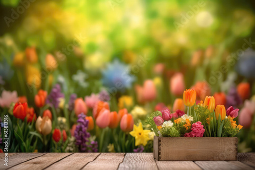 Wooden Podium Tabletop Blurs The Colorful Spring Flowers And Garden Backdrop. Mock Up For A Cosmetic Or Food Product. Generative AI
