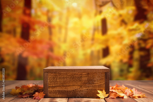 Wooden Podium Tabletop Blurs The Colorful Autumn Foliage Backdrop, Closeup. Empty Display Case For A Cosmetic Or Food Product. Generative AI
