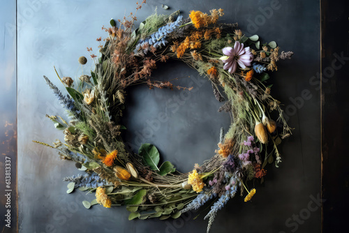 Wildflowers And Herbs Intertwined In Natureinspired Wreath. Generative AI