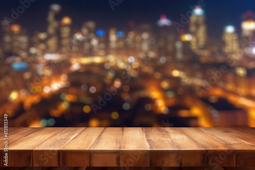 Mock Up For A Cosmetic Or Food Product. Wooden Podium Tabletop Blurs The Vibrant City Lights And Nightlife Backdrop, Closeup. Generative AI