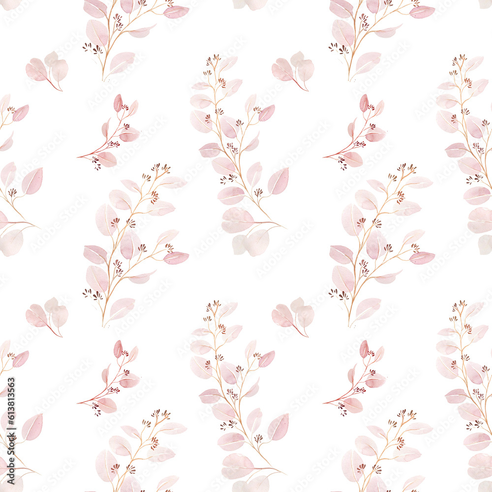 Dried flowers seamless pattern, beige leaves background. Watercolor leaves pattern.