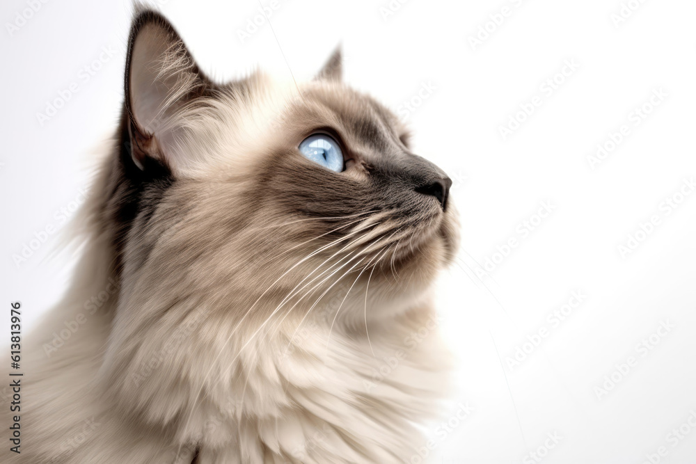 Portrait Of Cat Birman In Profile On White Background. Generative AI