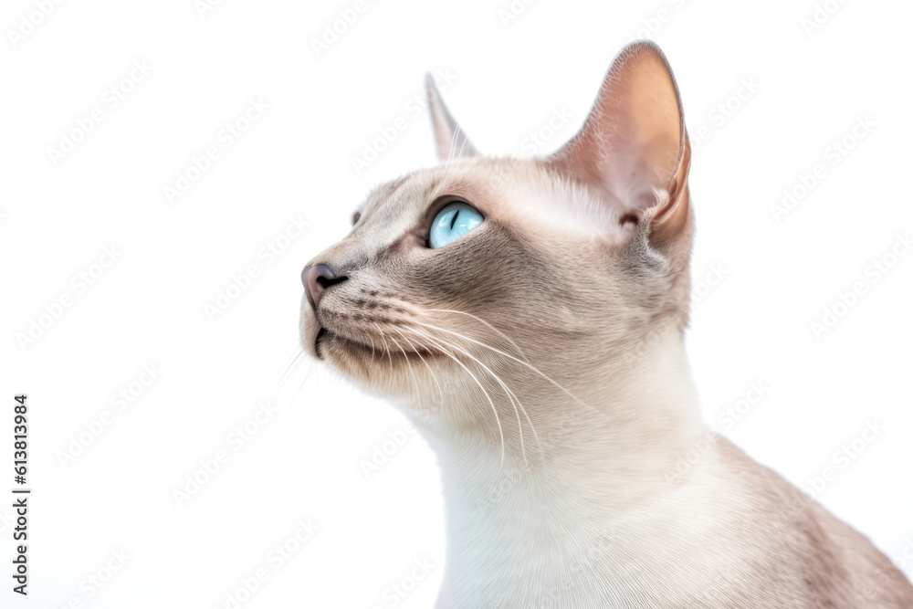 Portrait Of Cat Burmese In Profile On White Background. Empty Space. Generative AI