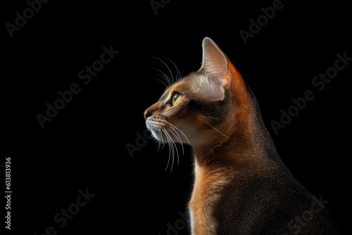 Portrait Of Cat Abyssinian In Profile On Black Matte Background. Empty Space. Generative AI