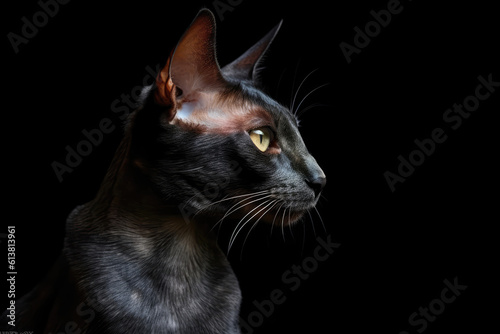 Portrait Of Cat Balinese In Profile On Black Matte Background. Empty Space. Generative AI © Anastasiia