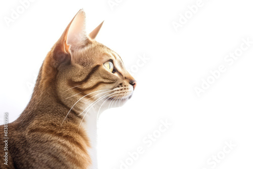 Portrait Of Cat Chausie In Profile On White Background. Empty Space. Generative AI photo