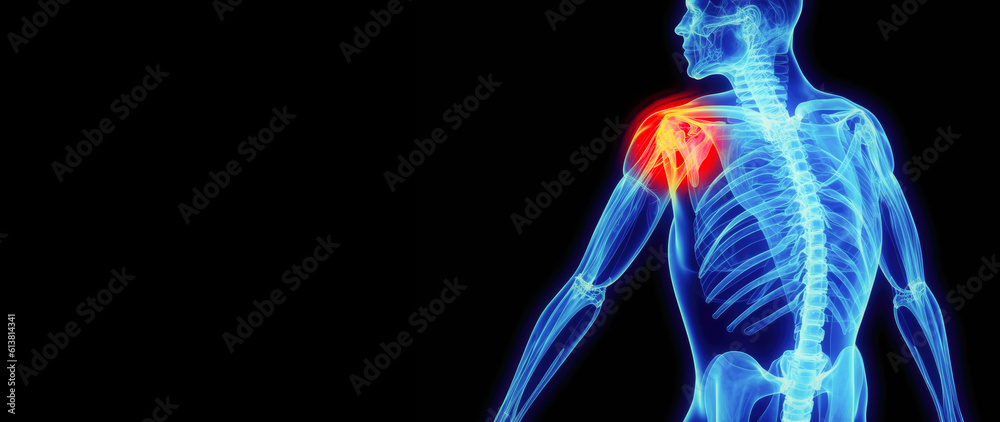 X-ray of a human body with a red mark on the shoulder. Shoulder pain concept motif banner. X-ray of a human body with a red mark on the shoulder. Shoulder pain concept motif banner.