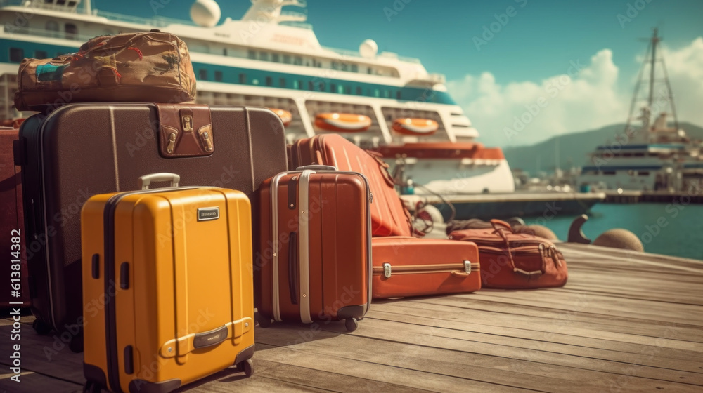 Luggage suitcase near cruise liner created with generative AI technology - obrazy, fototapety, plakaty 