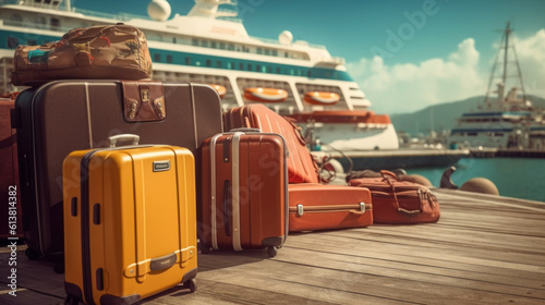 Luggage suitcase near cruise liner created with generative AI technology